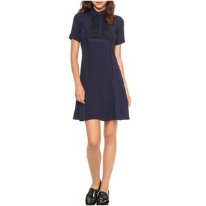 Marchesa Voyage Navy Blue Black Lace Crepe and Lace Short Sleeve Dress